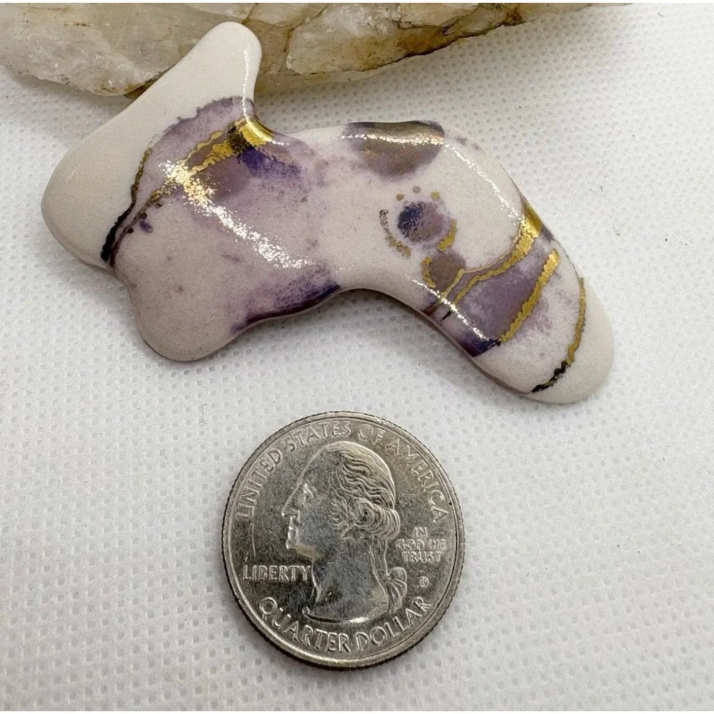 Handmade Ceramic Brooch Pin Purple Gold Glaze Abstract Modernist Artisan 80s 90s